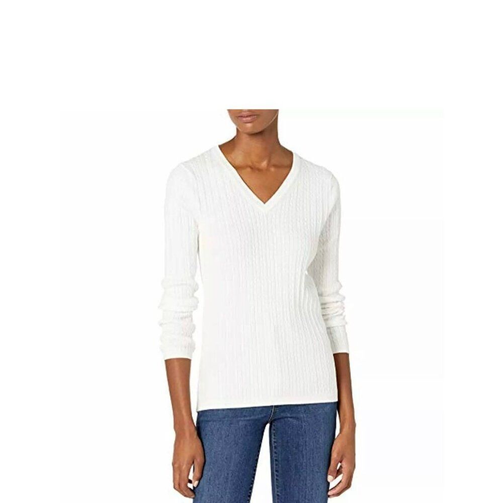 Tommy Hilfiger Women White Classic Cotton V Neck Sweater Size L